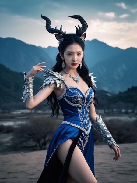 masterpiece,best quality,ultra-detailed,very aesthetic,absurdres,newest, 8k ultra-high resolution,realistic, Skin Textures, High Resolution, stunning beautiful, zhangruonan woman, jewelry,earrings, wearing animal costume , in A dark and evil land<lora:actress_ej_JuggXL_3:0.5>,dynamic pose,