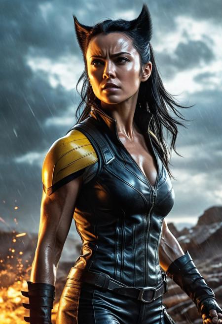 High resolution ultra-realistic of Beautiful Wolverine/Logan vs Laura Kinney/X-23, cinematic lighting, Marvel style, Wolverine and X-23 stand side by side in battle pose on a bloody and stormy battlefield, 8k, realistic modern Wolverine X-Men yellow and black combat costume, gazing straight ahead, dirty face, full body, ultra realistic, cinematic style, athletic figure, day lighting, sharp focus, digital painting, Photograph Taken on Nikon D750, Alphonse Mucha, Hyperdetailed, hyperrealism, aesthetics reminiscent of X-Men, Attractive, asymmetric balance