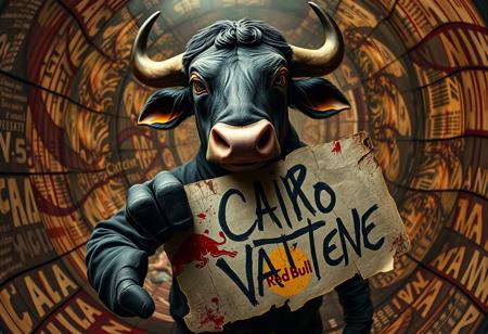 A darkly whimsical bull character, anthropomorphized with a sinister fairytale charm, dominates the scene with an enigmatic presence. Holding a jagged sign that declares “Cairo Vattene” in bold, erratic, handwritten text, the bull seems to straddle the boundary between calculated intent and chaotic unpredictability. The distortion from a Panavision Prime Cine Optics 12mm fisheye lens intensifies its central prominence, warping the surreal background into a twisted, dreamlike vortex. The sharp, contrasting colors ripple with streaks of blood, smearing the edges of reality like a Tarantino-esque fever dream.
Fuzzy logic permeates the atmosphere, blending order and disorder in subtle details: the bull’s blood-spattered hands seem both intentional and accidental, its menacing glare softened by an almost empathetic glint in its eye. The tattered shirt emblazoned with a spray-painted Red Bull logo adds another layer of contradiction, as if hinting at chaotic energy controlled just enough to send a cryptic message. The environment pulses with uncertainty, the surreal shapes and patterns shifting imperceptibly, as though alive and recalibrating with each glance. This interplay of precision and ambiguity creates a scene that defies strict categorization, leaving the viewer suspended in a state of uneasy wonder.