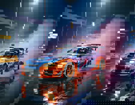 a drift sportcar, spectacular driving, night road, out of city, Rio, drift front wheel at side,driver, nighttime, neon, bloom and glare, smoke, wet floor, reflection, colored smoke from neon, motion blur wheels, depth of field, film grain