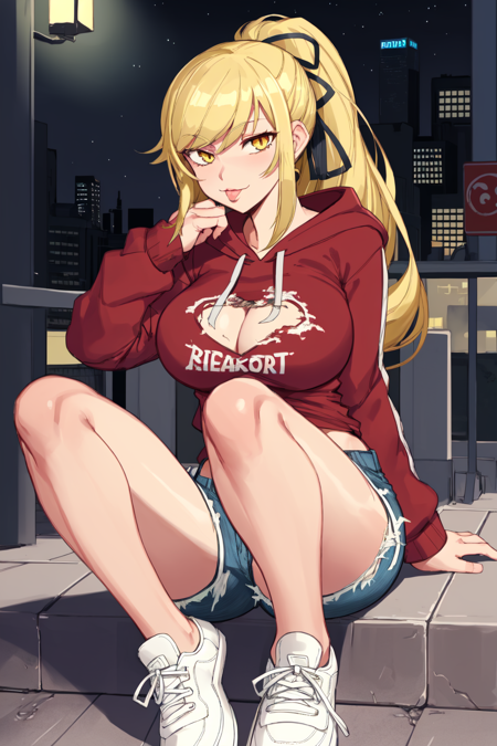 1girl, solo, kiss-shot acerola-orion heart-under-blade, blonde hair, ponytail, yellow eyes, hair ribbon, large breasts, (red hoodie:1), denim shorts, sneakers, sitting, outdoors, night, city, looking at viewer, :p
<lora:char-kiss-shot:1>
<lora:artist-nezulet:0.7>
<lora:artist-csrb:0.4>