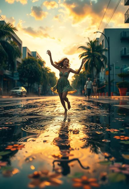 A surreal summer scene just after a brief, cleansing rainstorm, where the saturated city street is glistening under a golden dusk sky. A figure dances joyfully in shallow puddles, their movements fluid and expressive, sending droplets into the air like tiny diamonds. The atmosphere feels charged with life—floral patterns and swirling organic shapes bloom along the wet pavement, almost as if nature itself is rejoicing. Reflections ripple and distort beneath their feet, creating a dreamlike duality between sky and earth. Vivid colors burst from the scene—radiant teals, fiery oranges, and lush greens interlace like living mosaics. Ethereal mist rises from the ground, weaving abstract forms and fractal spirals through the humid air. The overall composition blends hyperreal textures with stylized symmetries, presenting a hypnotic vision of summer’s intersection with fantasy. The scene feels at once ancient and modern, pulsing with rhythmic energy and sacred geometry.