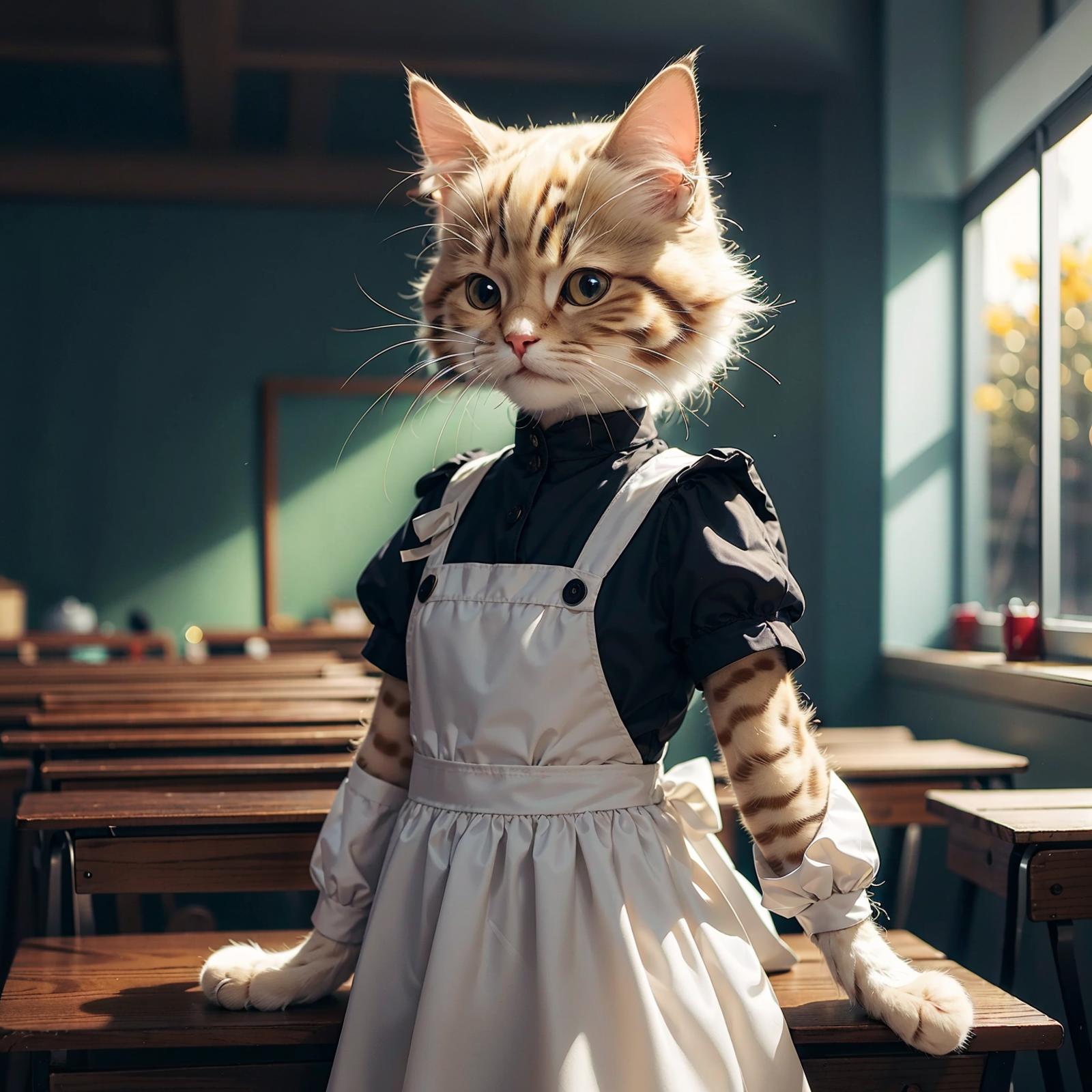A cat dressed in a maid's outfit sits on a wooden table.