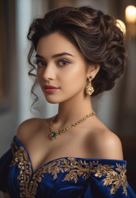 [Create a highly realistic photo of a young, slight smile, camera focused around 21 years old [Tamil:Japanese:Caucasian:1:1:1] girl model in deep blue-purple velvet dress and blue-purple rose field background. The dress has (heavy gold embroidery) and it reflects the golden hour light. (The image should be detailed and lifelike, making it challenging to discern whether it's a real photograph or a digital creation. Focus on achieving realism in her facial features, skin texture, and hair, and ensure the lighting contributes to the overall authentic appearance.) Hair is long and silky, floating in air. Partially visible earrings. Dimple. (Detailed gray eyes)] detailed, romantic, very inspirational, beautiful, elegant, lovely, cute, pretty, modern, epic composition, fabulous atmosphere, cinematic light, dynamic dramatic ambient, (sharp)