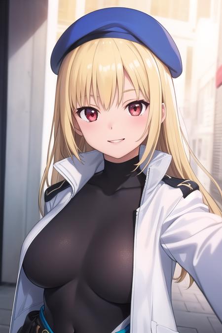 Kusanagi Orie blue beret,long hair,blonde hair,bangs,red eyes collarbone,cropped jacket,white jacket,open clothes,open jacket,black shirt,large breasts,skindentation,long sleeves,black gloves,fingerless gloves,blue belt,leotard,black pants,cameltoe,high heel boots,white footwear