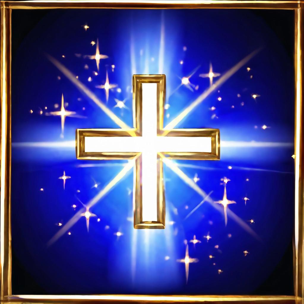 Black to blue gradient background, golden frame, glowing white Cross, healing cross, healing spell, sparks, golden stars, magic, casting spell