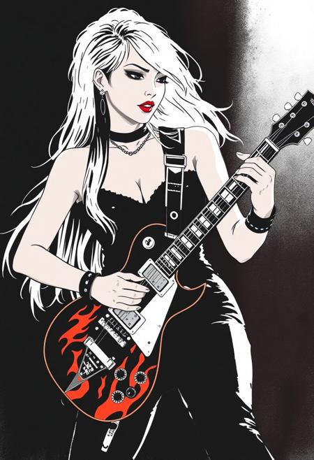 silhouette art, ck-rw, in the style of ck-rw,, Female japanese heavy metal guitarist playing guitar on stage, long flowing platinum hair, earrings, dark eyeshadow red lips, Gibson Flying V guitar with black and orange flame livery, sexy aura, cleavage, silhouetted light hitting one side of her, inksketch
