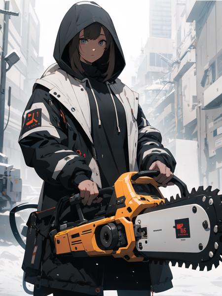 absurdres, highres, ultra detailed
1girl,oversized hooded jacket,
holding huge mechanical chainsaw, <lora:weapon_v01:0.7>