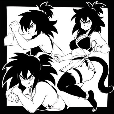 <lora:Primitive Saiyan Woman:0.9> 1girl,Saiyaness a character refsheet, 1girl, animal pelt andhing Saiyan monkey tail, attack motion, traditional art, black and white hand drawn art, crosshatch shading, primeval animal skin pelt, evil smirk, hair tied, long wild spiky hair, hair over shoulders, mane of hair down back, arms folded