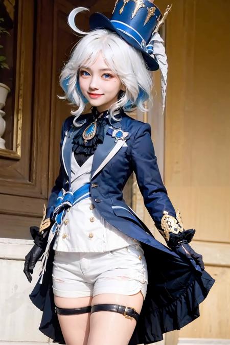 masterpiece, best quality, <lora:Furina-mver:0.8>,1girl,hat,long hair,ahoge,multicolored hair,low ponytail,blue eyes,ascot,brooch,long sleeves, jacket,blue bow,gloves,white shorts, thigh strap,standing, smile,