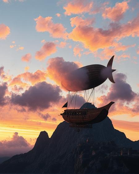 a photorealistic image of a wooden airship with a balloon, in a steampunk world.  The wooden airship is breaking through a large cloud at dusk and the sky and clouds are brightly colored by the sunset.  In the background there is a jagged mountain with a steampunk city on the side displaying an airship dock.