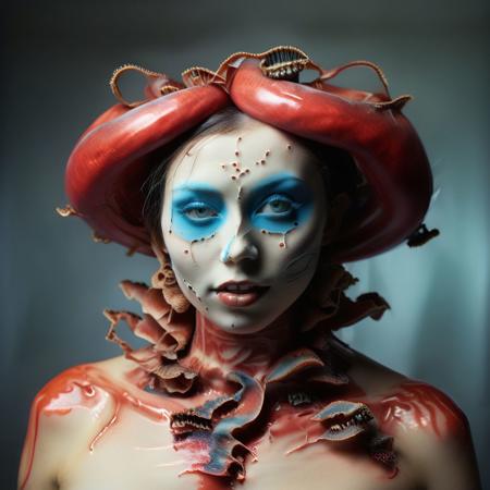A close-up portrait photograph, The sexy and sassy brunette blue skin oversized exaggerated grotesque teeth, horny alien twin priestess of the sacred watermelon temple. , flower field and ayahuasca, 1970s science fiction b-movie, technicolor, 3d stereoscopic cinematic photograph, Polyacrylic resin, glossy, melted plastic, stretched rubber faces, Leica M3, in the style of science fiction rococ, snake tattoos, hoph fibration bundles each rotated axis distorting space, time and warping light, randomizing optical flow back, teeth, teeth, teeth, overgrown teeth, teeth growing into teeth, freakish oversized exaggerated huge big teeth, skull, armadillo