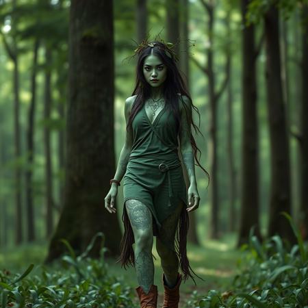 digital artwork featuring a female figure walking in a forest setting. The subject has green skin and is wearing a sleeveless short green tunic which reveals many elaborate mystical tattoos, on her feet she wears short animal skin boots blending seamlessly with her surroundings. Her facial features are sharp and ethereal, with long, flowing hair that appears to be made of vines and leaves. She has a crown of branches and leaves.  The background consists of tall trees and a lush, green forest, creating a harmonious and natural atmosphere. The overall color palette is dominated by various shades of green, emphasizing the connection to nature. long shot, deep focus, high quality