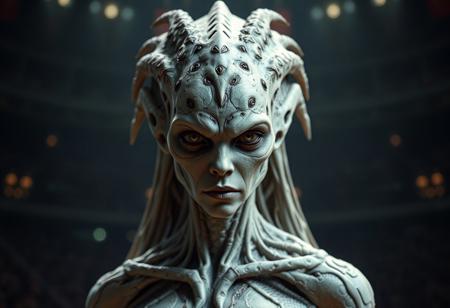 "Create a highly detailed, lifelike 3D render of a female creature on a dark arena background. The character should have the face of a pale alien cultist, with a rough but intricate design by Adam Dario Keel, incorporating biomechanics and elements of fishmen or humanoid mosquito. The character should be standing, with the face shown in sharp focus and realistic textures. Use octane render and volumetric lighting to create a grim, dark atmosphere, with a sense of realism and attention to micro details. The final image should be photorealistic and captured in 8K resolution, with a rule of thirds composition."