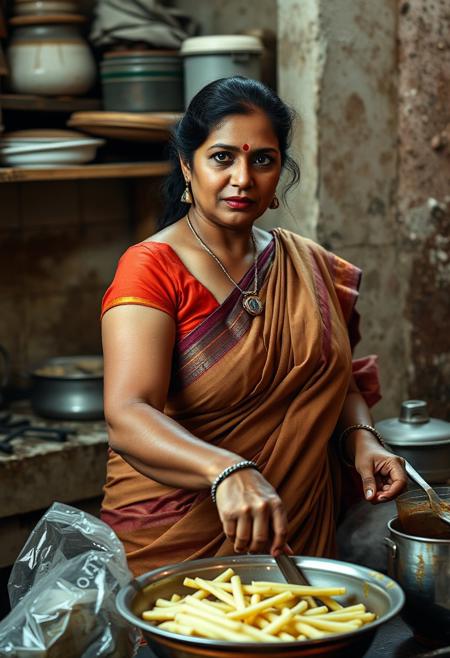 Voluptuous Indian woman cooking in Indian kitchen, dirty indian kitchen background, large saggy breasts, open blouse of the saree
<lora:sd_xl_turbo_lora_v1:0.3>