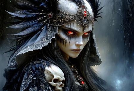 a digital painting in a dark, atmospheric style, portraying a mysterious woman with an air of ancient mysticism. The subject is a woman with pale skin and striking, glowing red eyes that seem to pierce through the dim light. Her long, dark hair cascades down her back, adorned with a large, ornate headdress made of black feathers and a prominent skull. The skull, centrally placed, is intricately detailed with sharp, menacing teeth and a hollow eye socket, adding to the eerie atmosphere.
Her face is adorned with tribal-like markings, including dark, geometric patterns around her eyes and mouth, enhancing her otherworldly appearance. She wears a heavy, fur-lined cloak that drapes over her shoulders, with the texture of the fur rendered in fine, detailed brushstrokes. The cloak is dark, almost black, blending seamlessly into the shadowy background.
The background is a gradient of dark grays and blues, with subtle, wispy light streaks that suggest a misty, ethereal environment. The lighting is soft but dramatic, casting subtle highlights and deep shadows that emphasize the contours of her face and the intricate details of her headdress and cloak. The overall mood is dark, mystical, and haunting, evoking a sense of ancient, forgotten lore.
Ethereal Gothic Elegance
