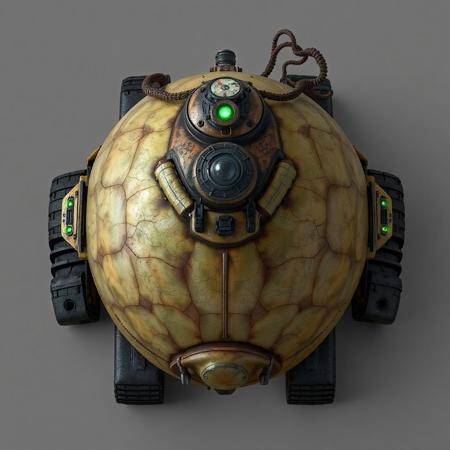((top view)), (tank),
Rounded, bulbous tank with a domed top and tendril-like tubing extending from the rear.
Chassis: Organic-looking armor with fibrous patterns, resembling a beetle shell fused with industrial plating.
Tracks: Triple tread system with rear-central primary and side treads slightly elevated for climbing.
Details: Rear-mounted bio-reactor with visible growth nodules. Tank "breathes" slightly — subtle expansion and contraction of plating.
Lights: Soft green glow from vent seams. Pupil-like lens under turret dome pulses rhythmically.