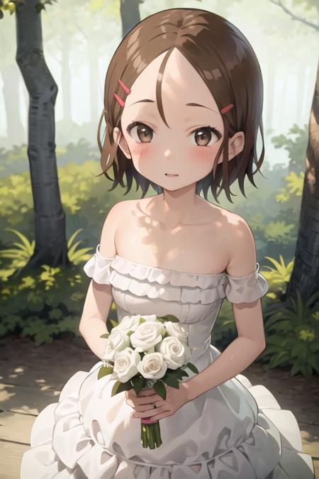 1girl, yukari_tenkawa, brown eyes, short hair, brown hair, hairclip, hair ornament, forehead, wedding dress, looking at viewer, forest <lora:yukari_tenkawa:0.7>