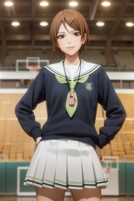 (masterpiece, best quality:1.2), <lora:kb_aida-11:1>, cowboy shot, solo, 1girl, aida riko, smile, closed mouth, looking at viewer, hand on hip, hairclip, school uniform, serafuku, white pleated skirt, basketball court