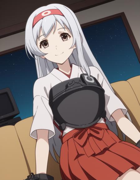 shoukaku, long hair, brown eyes, white hair, grey hair, hairband, headband, shoukaku (kancolle) skirt, gloves, japanese clothes, muneate, red skirt, pleated skirt,