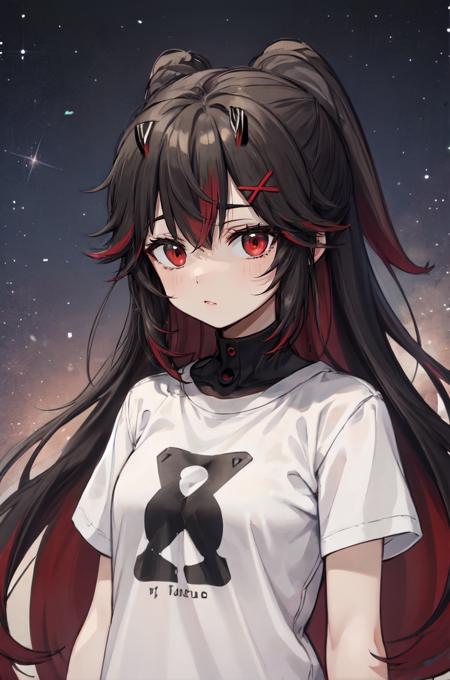 two-tone hair, black hair, red hair, red eyes, horns, very long hair, fluffy hair, disheveled hair, x hair ornament, space
BREAK upper body, white t-shirt
<lora:luciaplume:1>