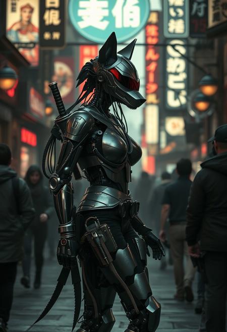 a cyberpunk robot samurai Anthro wolf woman, robot anthropomorphic wolf face with mirrored face shield, robot joints, body made of metals, cables and wires, she has a katana, sheathed at her hip, in a sleek belt holster. she has one hand on the hilt of the weapon, in a cyberpunk city street, walking in a crowd, dim lighting from lots of large overhead neon signs, silhouetted in the gloom.  Perfect Composition, realistic photographic image, RAW photo highest quality, perfect directional lighting, she is looking out at the people in the street around her as if hunting.