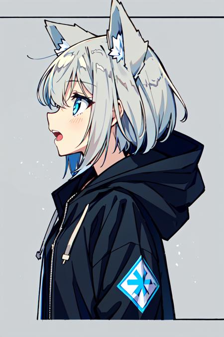 masterpiece, intricate detail,best quality,<lora:Nagishiro Mito:0.8>1girl, solo, animal ears, open mouth, hood, grey hair, jacket, extra ears, hood down, upper body, black jacket, from side, short hair, animal ear fluff, bangs, profile, simple background, letterboxed,blue eyes, grey background, hooded jacket, shirt, hoodie