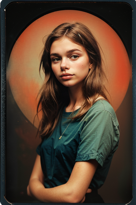 AnnaKolding, Century Camera Co. Studio, 160mm f/8, 1/10s, ISO 25, ((tintype:1.3)), ((portrait, full color, bold color, orange, red, gradient)), blouse, ((geometric halftone background))