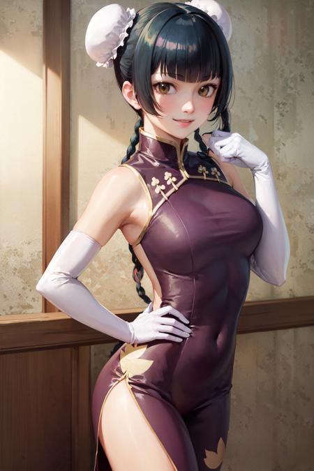 (masterpiece, best quality:1.2), <lora:gundam_liumei-11:1>, cowboy shot, solo, 1girl, wang liu mei, smile, looking at viewer, hand on own face, twin braids, double bun, bun cover, china dress, (elbow gloves:1.1)