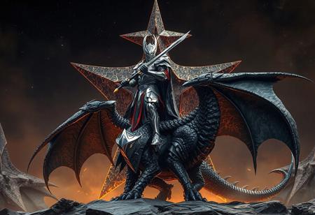 Epic full-body image of Galaxy Knight standing on a black Chimeratech Fortress Dragon, with a detailed 4K rendering. The Galaxy Knight, in silver and black armor with red and blue accents, wields the Celestial Sword - Eatos. The dragon stands in front of a Majestic Star Dragon, creating a dynamic and captivating composition. The image showcases intricate details, harmonious colors, sharp lines, and stunning colors. Rendered with Octane, it features vivid emotions and a powerful message. (76 words)