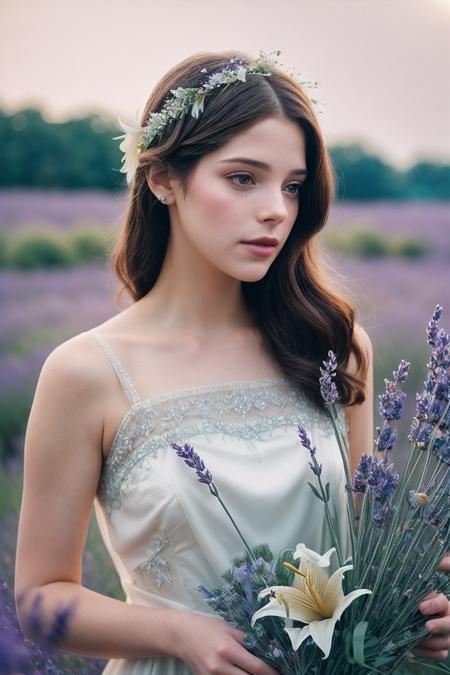 AshleyG_SoloTI_v1,
(In a flowing dress of soft lilac chiffon, adorned with delicate lace and adorned with sparkling crystals, for a dreamy and enchanting look),
(Amidst a field of wildflowers in full bloom, where the gentle breeze carries the scent of lavender and the song of birds fills the air, a sense of purity and innocence surrounds the ethereal figure of Lilies:1.3),
(seductive:1.3),(analog, cinematic, film grain, hazy atmosphere, cinematic shot:1.3), 
 <lora:add_detail:0.6>,<lora:LowRa:0>, PA7_Portrait-MCU,
