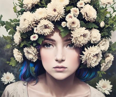 (masterpiece, illustration, high quality, portrait), (((woman with flowers on hair))), human_nature_lora, (depth of field), <lora:human_nature_l0ra:0.8>