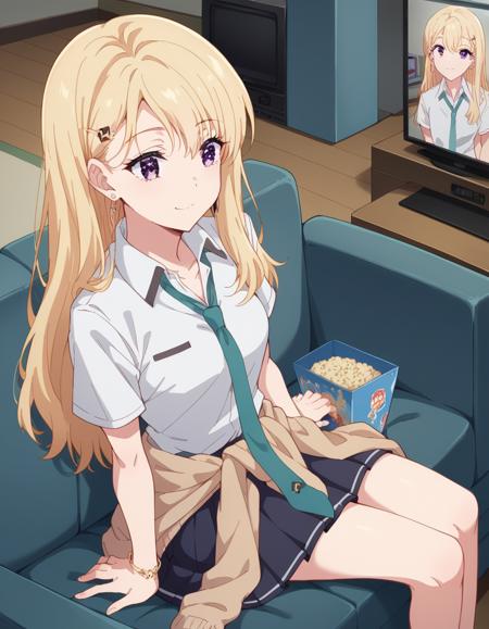 saki ayase, long hair, bangs, blonde hair, purple eyes, hairclip, medium breasts, skirt, shirt, jewelry, school uniform, white shirt, short sleeves, pleated skirt, earrings, necktie, bracelet, clothes around waist