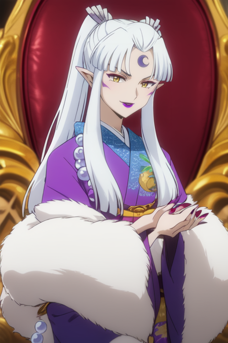 1girl, pointed ears, golden eyes, long silver hair, pigtails, ornaments, short bangs, violet crescent moon on her forehead, purple lipstick, magenta-sharpened nails,white and purple kimono,turquoise hadajuban,white hadagi, pearl necklace, furry coat