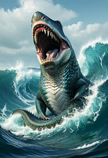 A massive, mixed creature possesses the body of a huge serpent and the head and jaws of a megalodon shark. The serpentine body is fully covered in scales and displays numerous humps as it stretches out. Atop the serpent's neck stands the megalodon head. The creature emerges from the water, its extraordinarily large jaws gaping open. The scene behind it presents a turbulent sea with imposing waves.