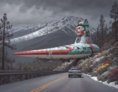 <lora:ssta:0.6>ssta, road, car with canoe strapped to roof, trees, rocks, flowers, plants, mountains, snow, clouds, birds, war machine with cartoon cat painted on it