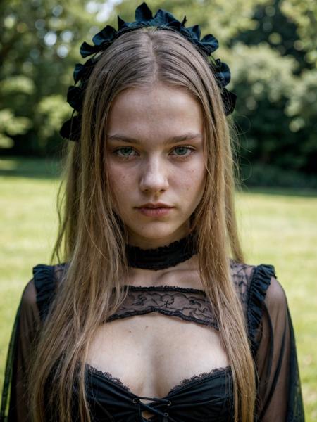 photo of a 20 year old Scandinavian named Eva, summer, wearing a gothic outfit, no makeup, natural, submissive expression, hard shadows, soft lighting, sharp focus, skin details