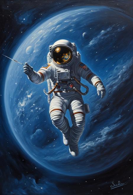 oil painting of astronaut in outer space, spacestation on background, Academic art, mythological themes, classical beauty, conceptual installations, Academic painting, historical subjects, classical realism, dramatic lighting, professional creative, epic atmosphere, enchanted, complex