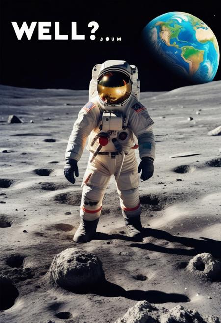 an astronaut standing on the surface of the moon back turned from the camera and looking at the earth disintegrating after getting hit by a planet-sized asteroid, epic photo, bright vivid colors, text that says "Well, Fuck!"