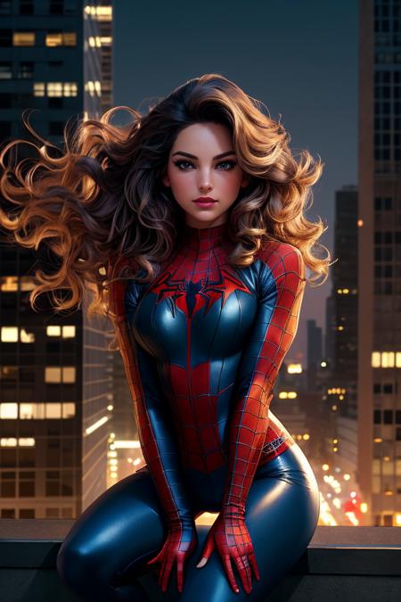 photo of beautiful (k3llybr00k-135:0.99), a woman with beautiful hair, as (a superhero:1.1), (flying on a building roof), (night city lights in background), natural skin texture, (tight spiderman outfit), (trousers), 24mm, 4k textures, soft cinematic light, adobe lightroom, photolab, hdr, intricate, elegant, highly detailed, sharp focus, ((((cinematic look)))), soothing tones, insane details, intricate details, hyperdetailed, low contrast, soft cinematic light, exposure blend, hdr, faded, (painted lips:1.1), ((looking straight at the camera:1.1)), (windblown hair)