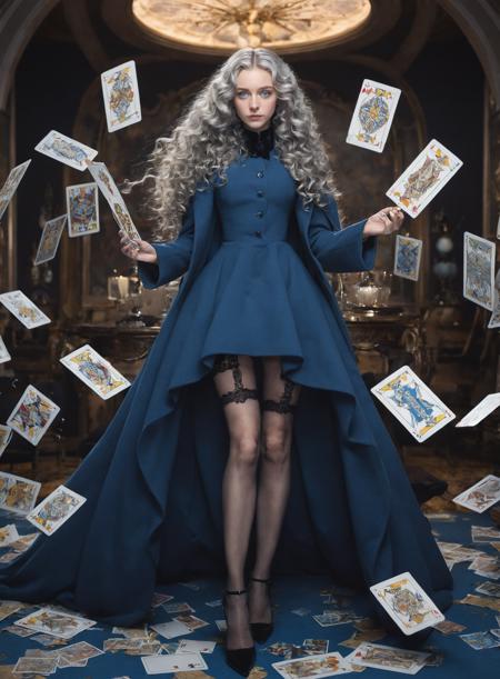 female,silver_hair,blue_eyes,long_hair,curly_hair,blue_dress,high_collar,coat,book,tarot_card,floating_objects,elegant,military_inspired,persona_series,velvet_room,formal_attire,pointed_shoes,full_body,ethereal,anime_style,