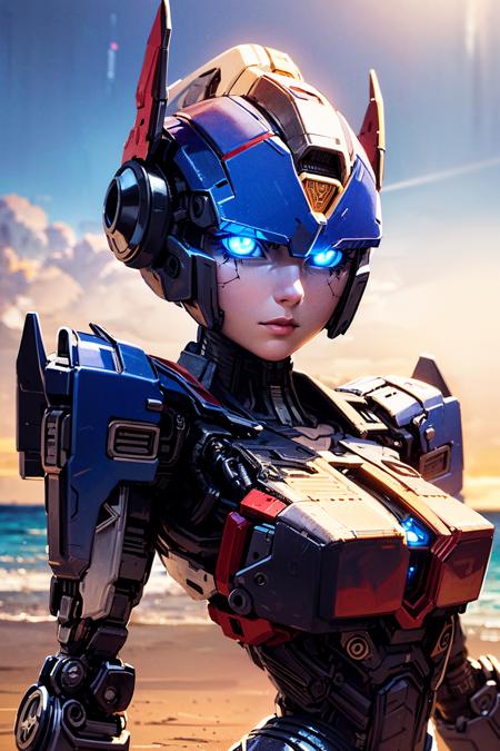 1girl, upper body of beautiful girl in swimsuit, blue eyes, glowing eyes, optms, cyborg, robot, beach, sea, looking at viewer, volumetric lighting, best quality, masterpiece, hand painted textures, intricate details, realistic <lora:sxz-Optimus-Prime:0.6>