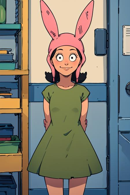 louise, 1girl, solo, rabbit ears, animal ears, black hair, smile,green dress, hat,looking at viewer, arms behind back <lora:louise-000008:0.6>