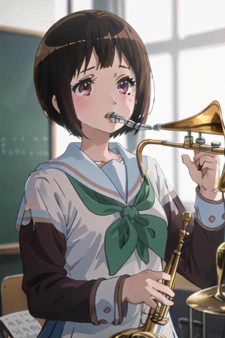 best quality, masterpiece, highres, solo, {nakaseko_kaori_soundeuphonium:1.15}, short_hair, brown_hair, serafuku, mole, mole_under_eye, blush, red_eyes, bangs, blurry, 1girl, brown_shirt, holding, holding_instrument, instrument, kitauji_high_school_uniform, playing_instrument, sailor_collar, school_uniform, white_sailor_collar, indoors, music, shirt, long_sleeves, trumpet, blurry_background, upper_body