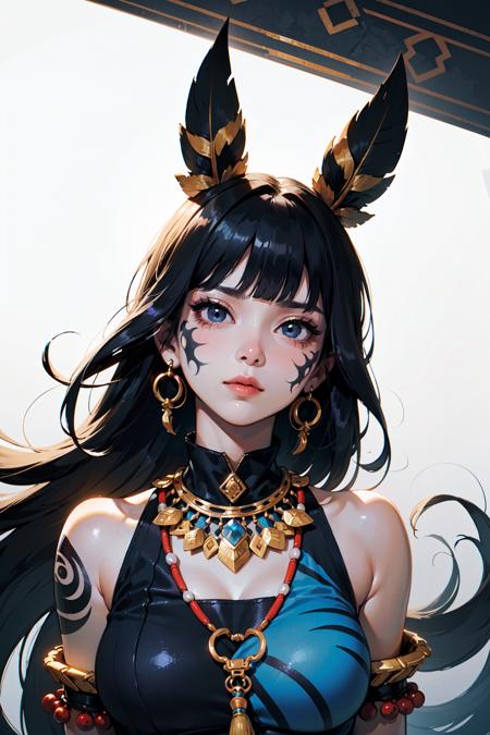 (best quality, masterpiece:1.1),   upper body,   (facing up:1.2),  (1female), arrogant face, black hair, long hair, blunt bangs, pixie cut,       blue african clothes, hair ornaments, jewelry, (tribe, tribal:1.2), ((graffiti on character:0.3), (Ink swirling around the character:1.2)),