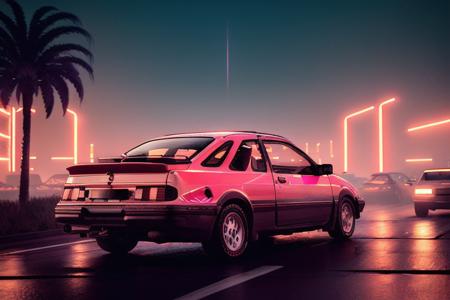 analog gloomy photo of a red Ford Sierra car, <lora:s13rr4:1>, racing down a neon highway at night, outrun, synthwave, retrowave, purple sky, pink and cyan lights, palm trees, flamingos, ((cyberpunk)), High Detail, Sharp focus, ((photorealism)), realistic, best quality, 8k, award winning, dramatic lighting, epic, cinematic, masterpiece