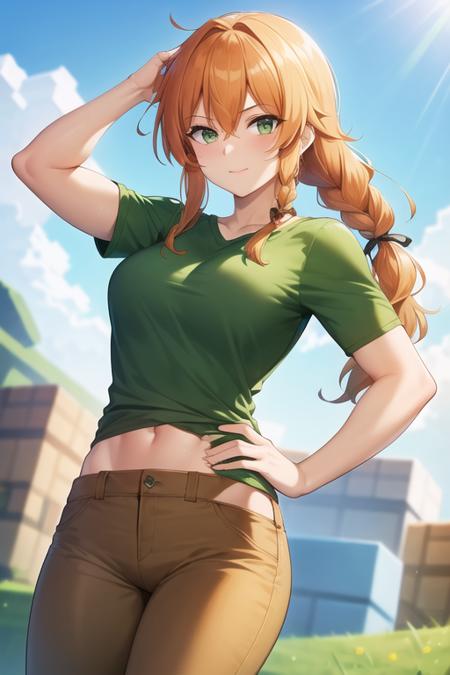 ((best quality)), 1girl, alex \(minecraft\), green shirt, muscular, abs, ((brown pants)), orange hair, braid, hair over shoulder, solo