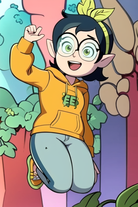 masterpiece, best quality, <lora:willow_timeskip:0.9>, 1girl, solo, green eyes, smile, open mouth, short hair, hairband, glasses, pointy ears, hoodie, hood down. long sleeves, jeans, jumping, arm up, abstrac background, plant,