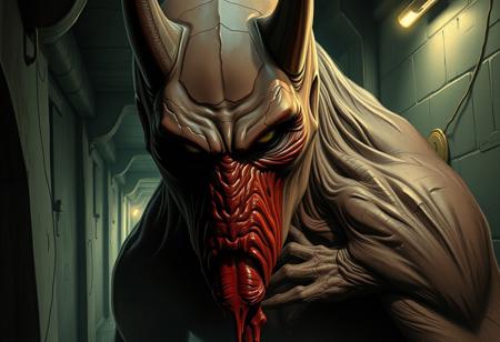 Create a highly detailed, matte painting-style concept art of a mud monster in the style of Batman comics, with a dark red, slimer-like face and skin. Incorporate the elegant, intricate aesthetic of Alphonse Mucha and the color scheme of Morandi, with a white and gold palette. Set the scene in a dimly lit, dark corridor basement, with sharp focus on the monster's face and skin. Use a bambino pen-inspired line art style and include micro details and shadows. Reference the Teen Titans and Kingpin characters, with a hint of a 'bumbler' persona. The output should be a high-quality, HD image with lifelike details.