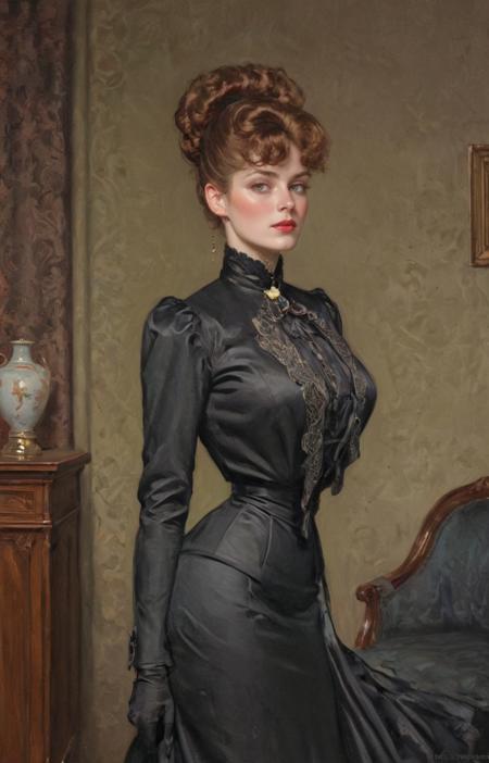 1boy, 1girl, masterpiece, 4k, uhd, dynamic action, (Women are tall with good posture. Women have an arched back and small ass,  women are haughty, women are elegant, women are superior, women are beautiful with high and prominent cheekbones, women have beautiful natural warm skin tones and long and luxuriant (blonde:auburn:0.3) hair, Women are slim with massive breasts. Women wear fitted Edwardian jacket  dresses and narrow skirts. Women are hale and hearty and mirthful.   Women have full lips and a slight sneer,:0.9) Men are tiny and short, men are sniveling and nervous, men have short hair and timid expressions. The scene is moody, (the dominant color being the bright red color of the woman's lips:0.7). an oil painting by Charles Dana Gibson. (An elegantly dressed, very tall and haughty mature Gibson Girl in a palatial room:1.3) <lora:hand 4:1>hand  <lora:Gibson_XL:0.3> by g1bs0n <lora:Belle_Epoque_Dresses_1880-1914_XL:0.4> frilly silk and rich brocade 1900_dr3ss <lora:officialpit_style_xl_ilff:0.4> big breasts, dark-skinned male, interracial, bubble butt, female focus